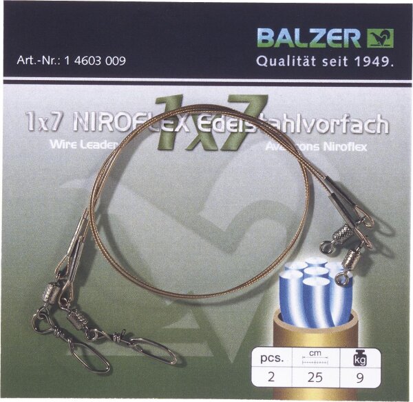 Balzer Niroflex Edelstahlvorfach 1x7 mit Karabiner und Wirbel Länge 25cm Tragkraft 12kg