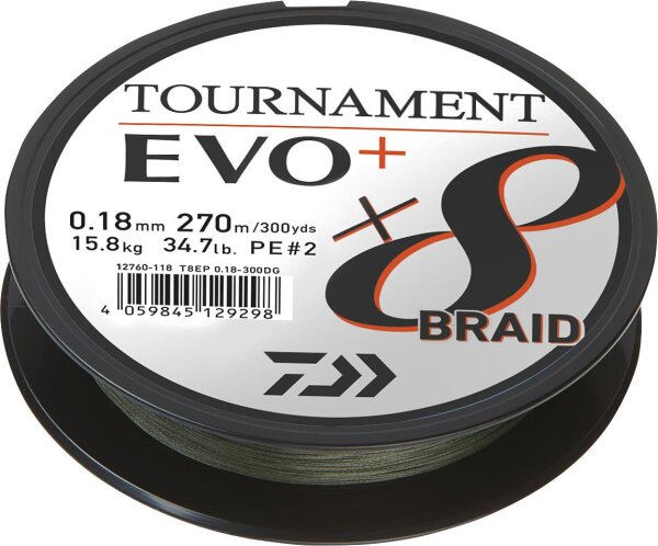 Daiwa Schnur Tournament X8 Braid Evo+ Dunkelgrün 270m Länge 270m Ø0,10mm