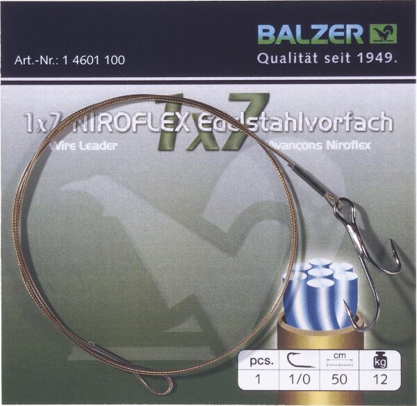 Balzer Niroflex Edelstahlvorfach 1x7 mit Ryderhaken und Schlaufe Tragkraft 12kg Hakengröße 1/0