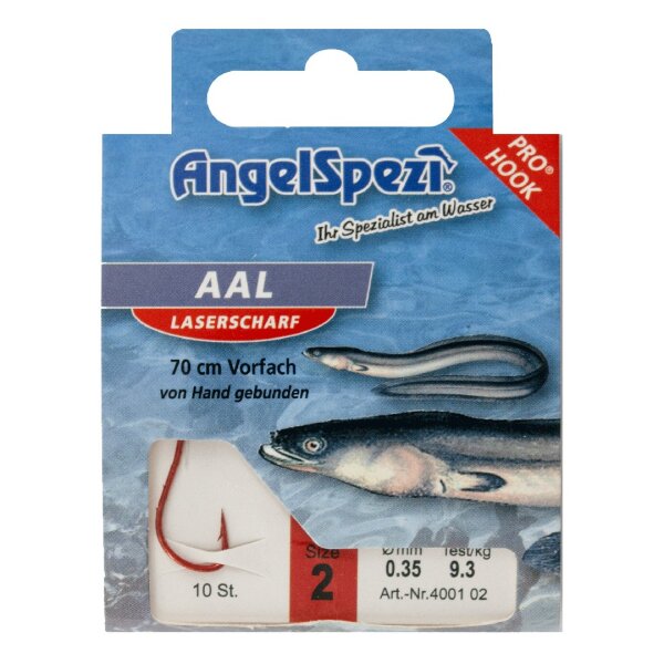 Angelspezi Vorfachhaken, Aal Rot - 2 Länge 70 cm Inhalt 10 Stück Hakengröße 2 Durchmesser 0,35 mm Tragkraft 9,3 kg